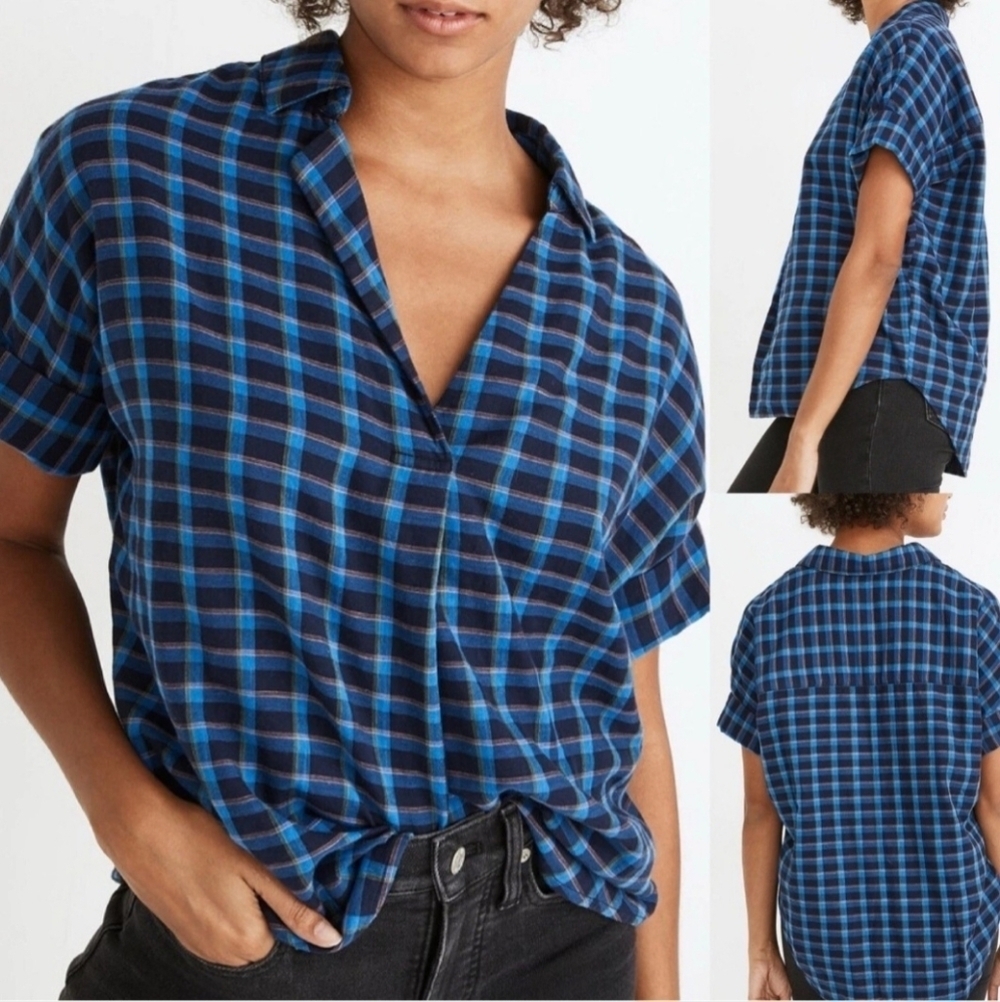 Madewell Sz Xs Double-Faced Park Popover Shirt Top Blue 100% Cotton